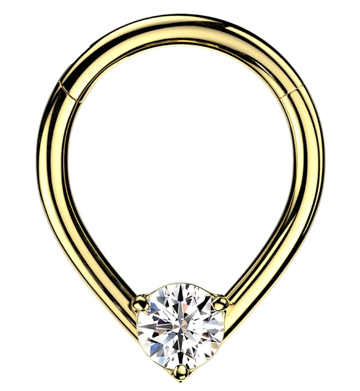 Broad-level earrings-Centered Gold PVD Teardrop Clear CZ Stainless Steel Hinged Segment Ring