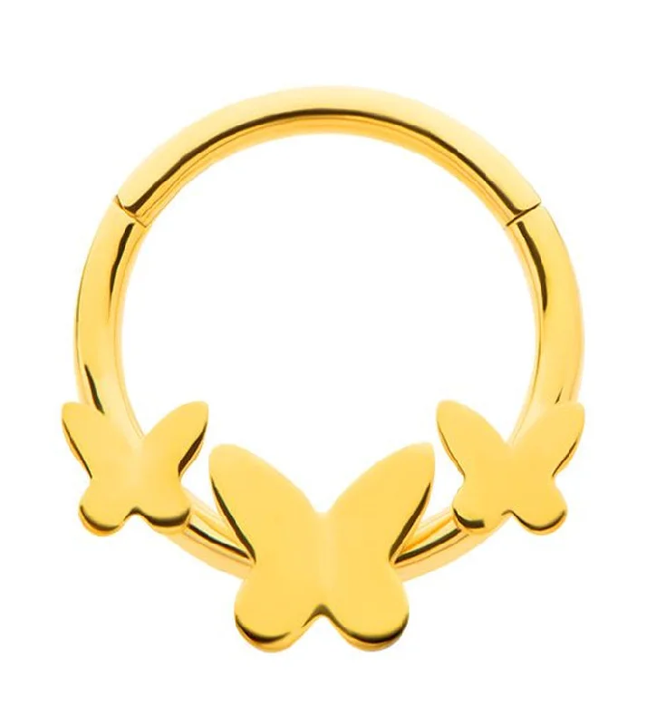 Winding twist earrings-Gold PVD Triple Butterfly Stainless Steel Hinged Segment Ring