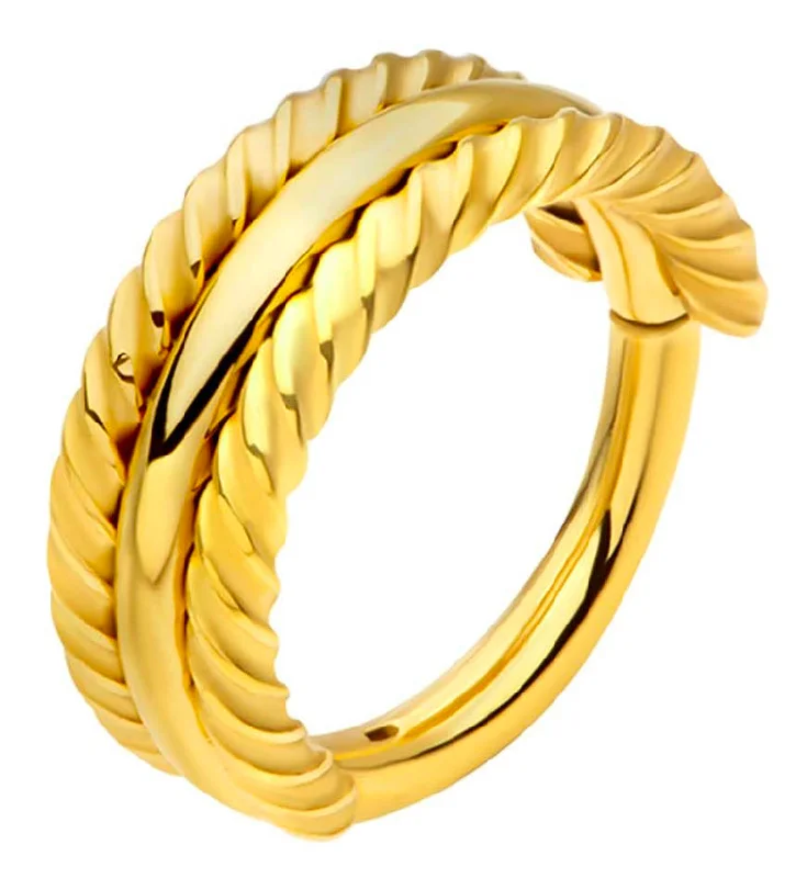 Thin diamond earrings-Gold PVD Twisted Edge Triple Stacked Stainless Steel Hinged Segment Ring