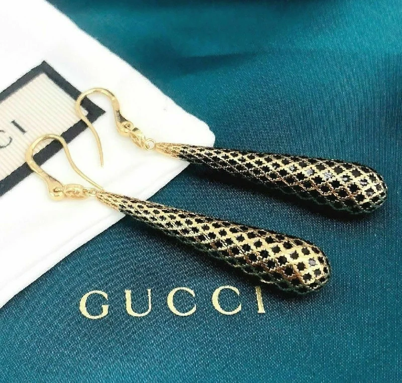 Twinkling crystal earrings-GUCCI Italian Made 18K Yellow Gold Diamantissima Black Enamel Drop Earrings