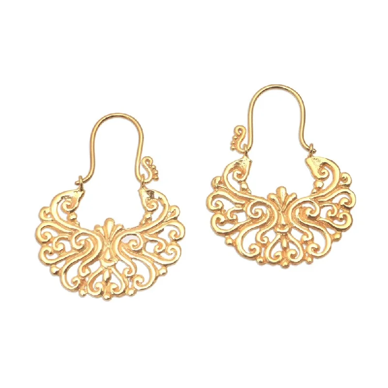 Folk grooved earrings-Handmade Alam Happiness Gold Plated Brass Drop Earrings (Indonesia) - 1.4L*0.1W