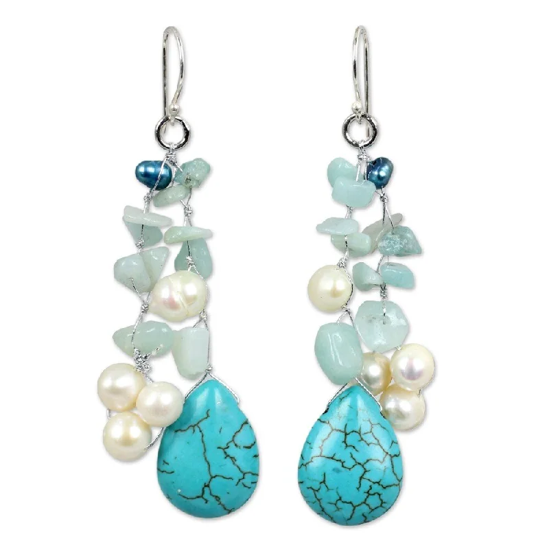 Ragged edge earrings-Handmade Azure Allure Sterling Silver Pearl Waterfall Earrings (Thailand)