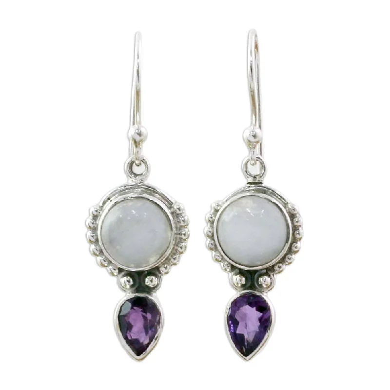 Broad-level earrings-Handmade Indian Rain Amethyst Rainbow Moonstone Earrings (India) - 1.5*0.4