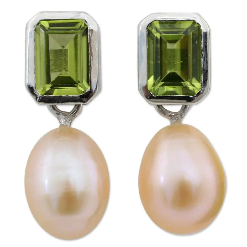 Hinged earrings-Handmade Pearl and Peridot Attraction Dangle Earrings (Thailand)