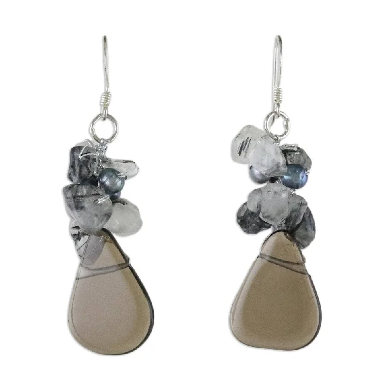 Nonagonal stud earrings-Handmade Silver Pearl and Quartz Blossoming Night Earrings (Thailand)