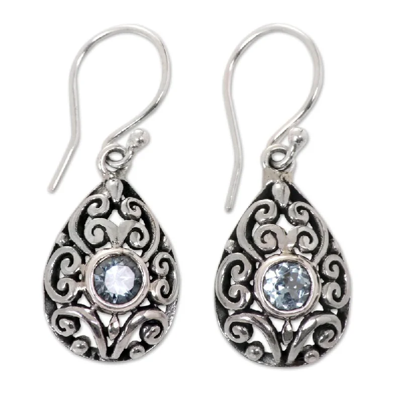 Engraved initial earrings-Handmade Sterling Silver 'Balinese Scarab' Topaz Earrings (Indonesia) - Blue