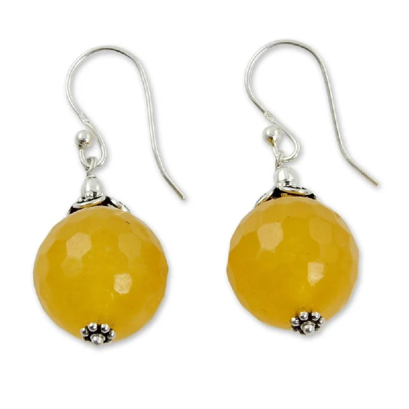 Engraved initial earrings-Handmade Sterling Silver 'Glorious Yellow' Chalcedony Earrings (India) - Yellow