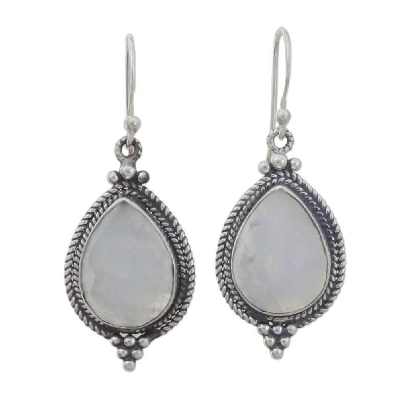 Slack coil earrings-Handmade Sterling Silver 'Morning Fog' Rainbow Moonstone Earrings (India)