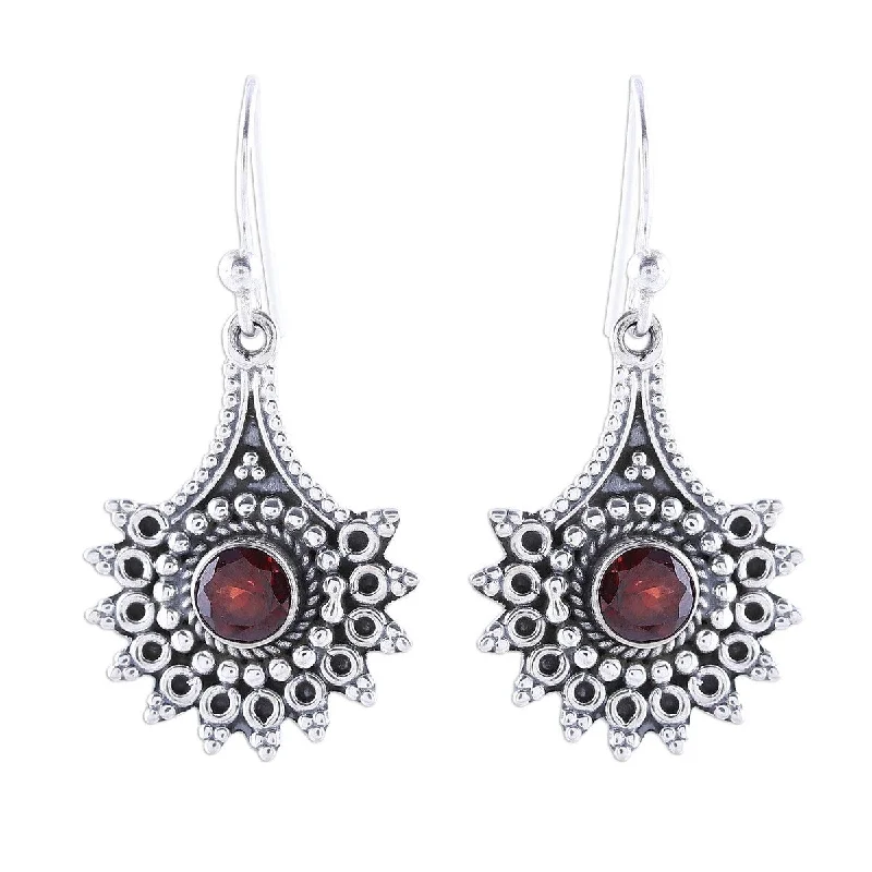 Four-stone earrings-NOVICA Gemstone Flowers, Garnet dangle earrings