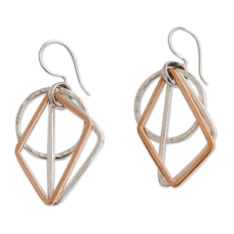 Vintage-edge earrings-NOVICA Geometric Trio, Sterling silver and copper dangle earrings - 2L*0.9W