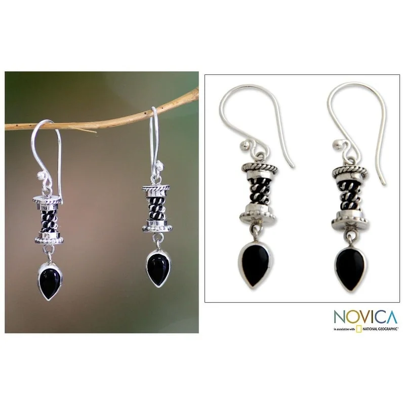 Domed cabochon earrings-NOVICA Handmade Sterling Silver 'Balinese Temptation' Onyx Earrings (Indonesia)