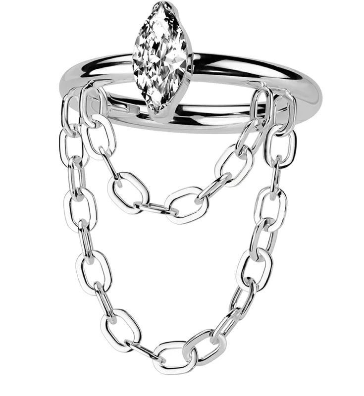 Open-slot earrings-Outward Marquise CZ Double Dangle Chain Stainless Steel Hinged Segment Ring