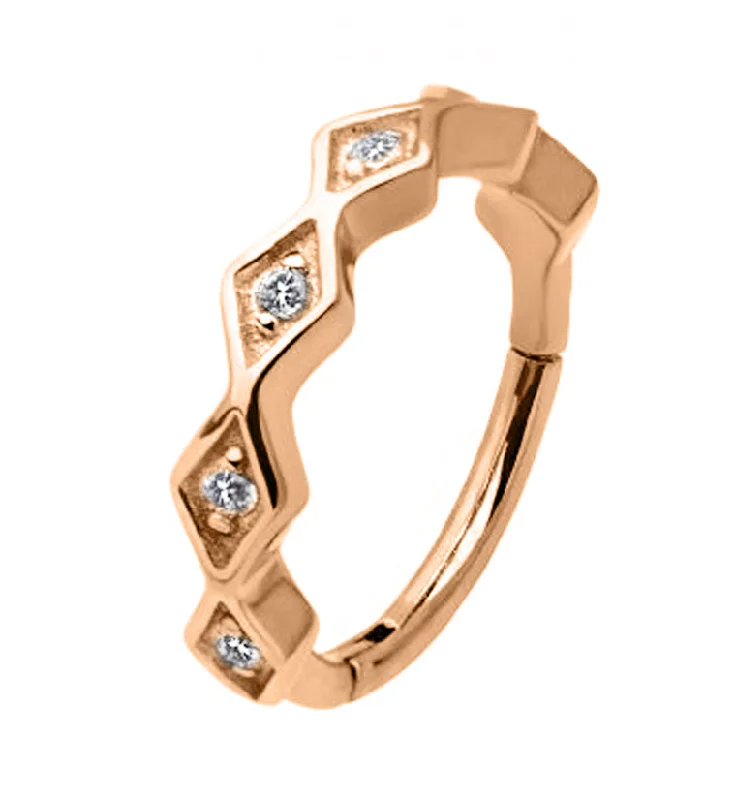 Gentle wave earrings-Rose Gold PVD Diamond Shaped Clear CZ Hinged Segment Ring