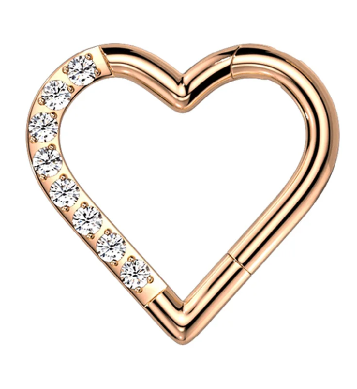 Twinkling crystal earrings-Rose Gold PVD Heart Half CZ Titanium Hinged Segment Ring