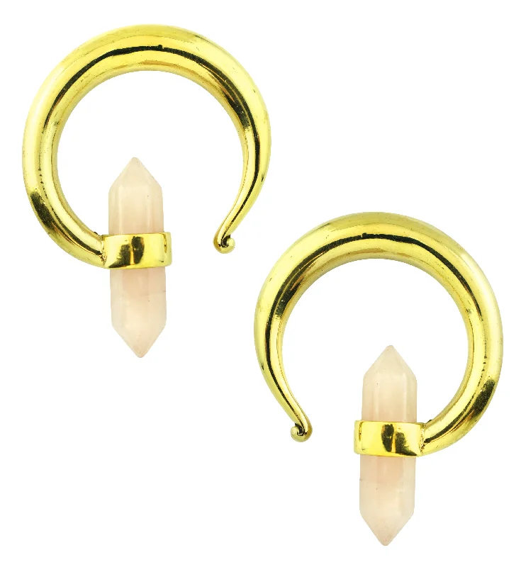 Retro-style opal earrings-Rose Quartz Crystal Hoop Brass Ear Weights