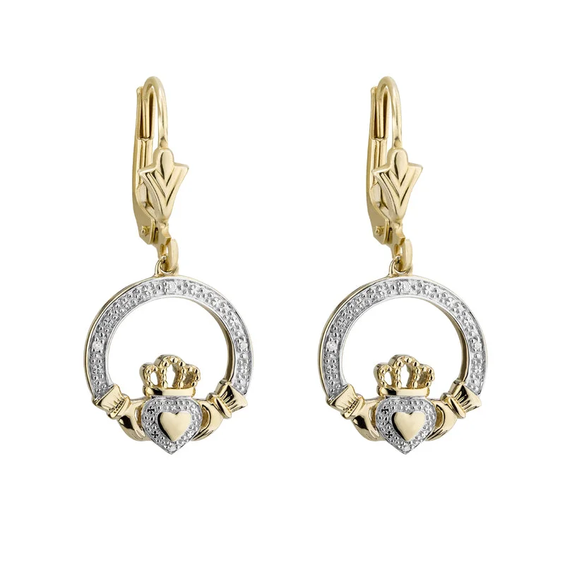 Brushed steel earrings-Gold Diamond Claddagh Drop Earrings