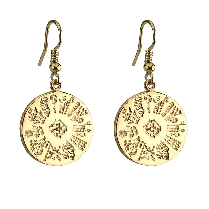 Grooved rim earrings-History Of Ireland 14K Gold Disc Drop Earrings