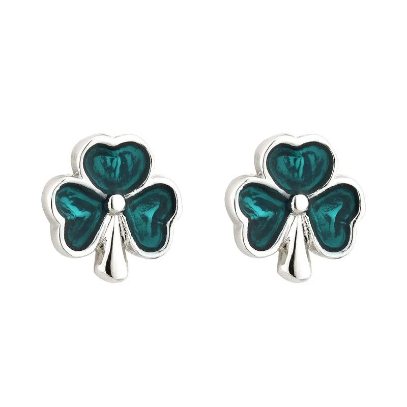 Ragged edge earrings-Solvar Rhodium Enamel Shamrock Stud Earrings