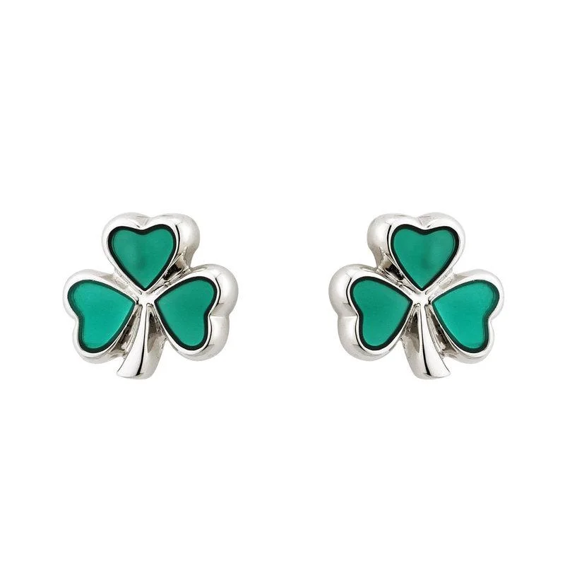 Crest motif earrings-Solvar Rhodium Enamel Shamrock Stud Earrings