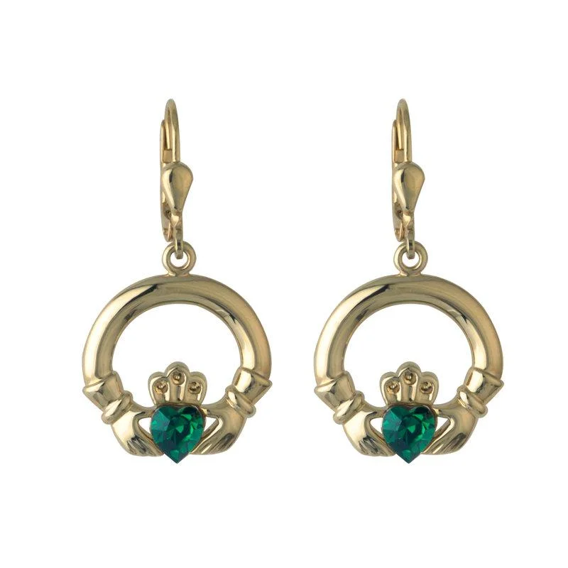 Sharp stone earrings-Gold Plated Green Crystal Claddagh Earrings