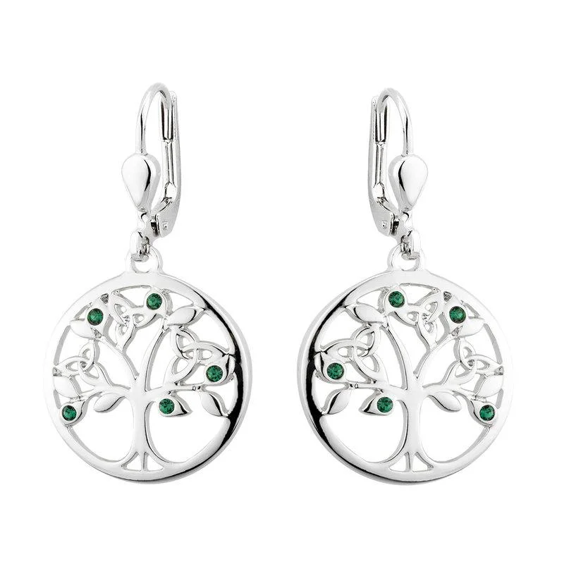 Icy aquamarine earrings-Solvar Rhodium Plated Crystal Tree Of Life Drop Earrings