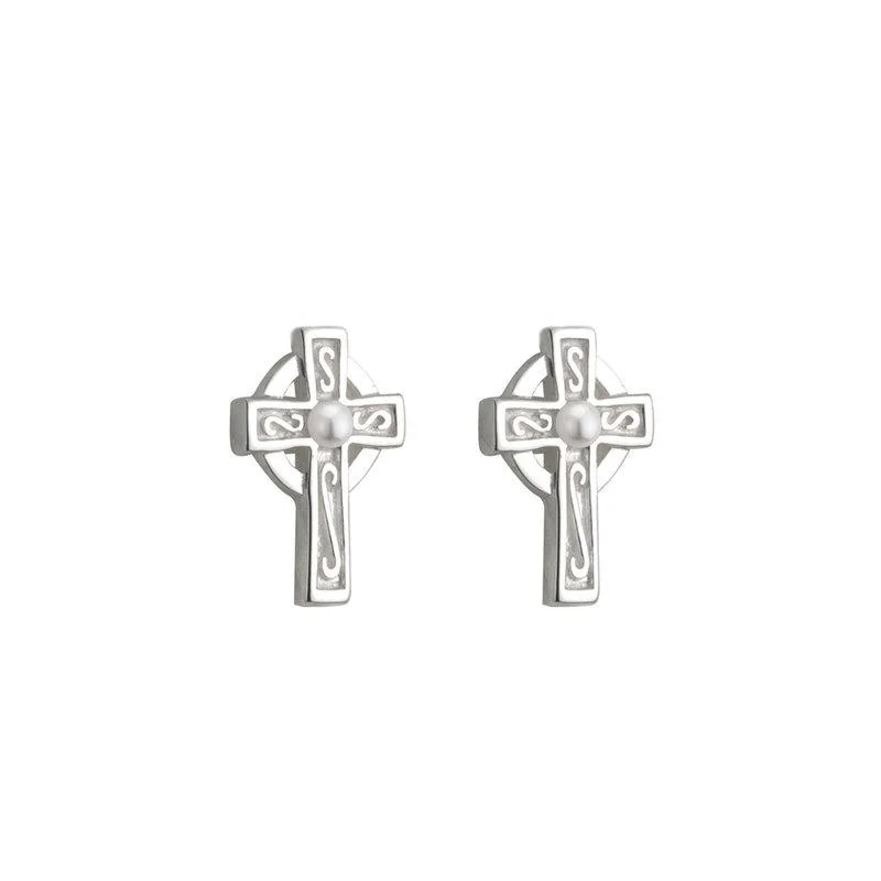 Winding twist earrings-Communion Pearl Cross Earrings