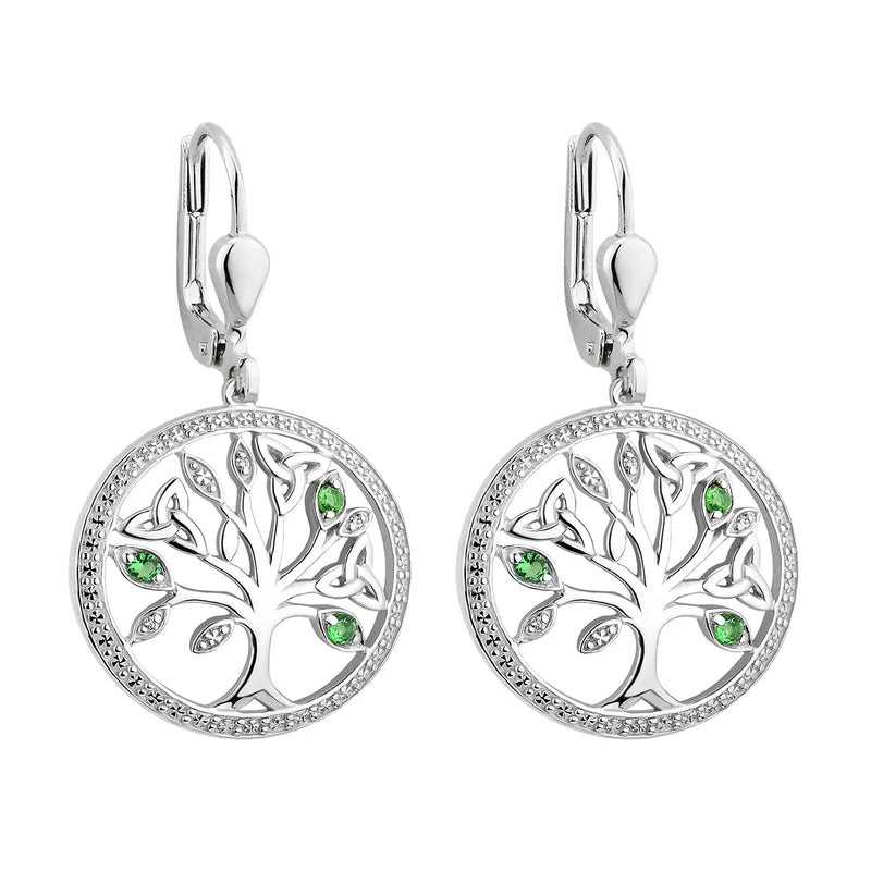 Hovering stone earrings-Silver Crystal Illusion Tree Of Life Drop Earrings