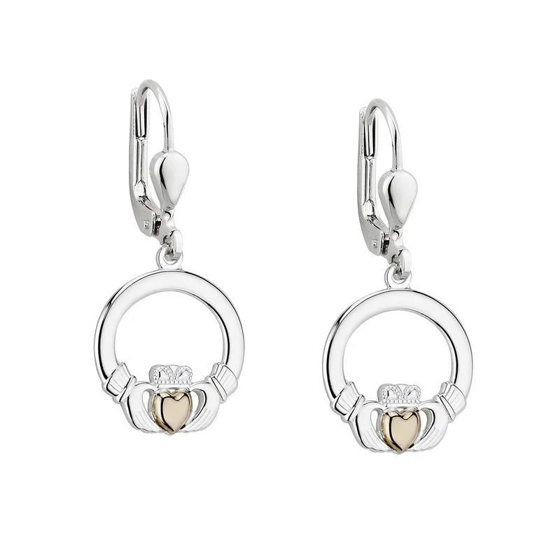 Crafted gold earrings-10K Gold Heart Sterling Silver Claddagh Drop Earrings