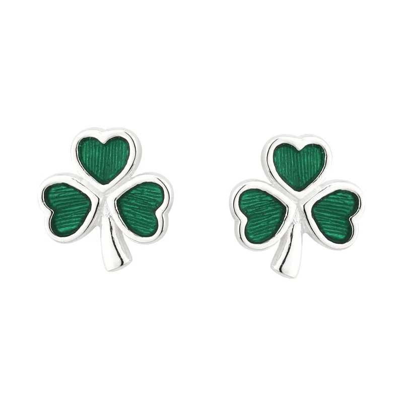 Solid-set pave earrings-Silver Green Shamrock Earrings