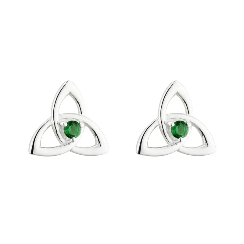 Brushed steel earrings-Sterling Silver Green Crystal Trinity Knot Earrings