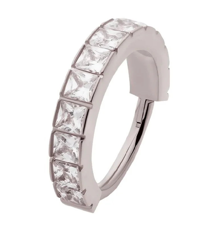 Open-slot earrings-Square CZ Row Stainless Steel Hinged Segment Ring