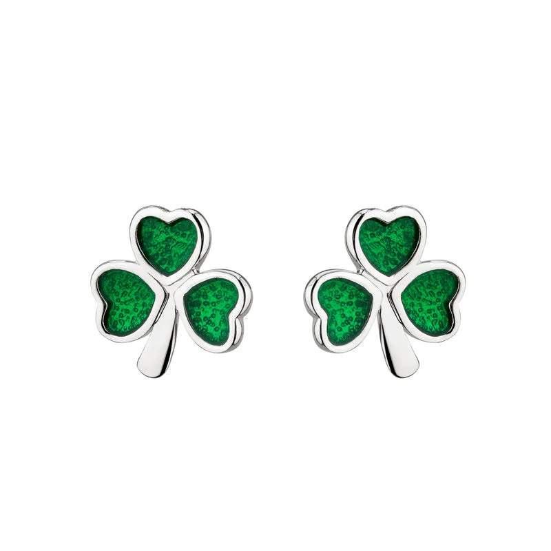 Clasped gem earrings-Sterling Silver Enamel Shamrock Stud Earrings