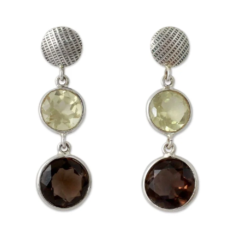 Raised-tier earrings-Sterling Silver 'Smoke and Fire' Quartz Earrings (India)