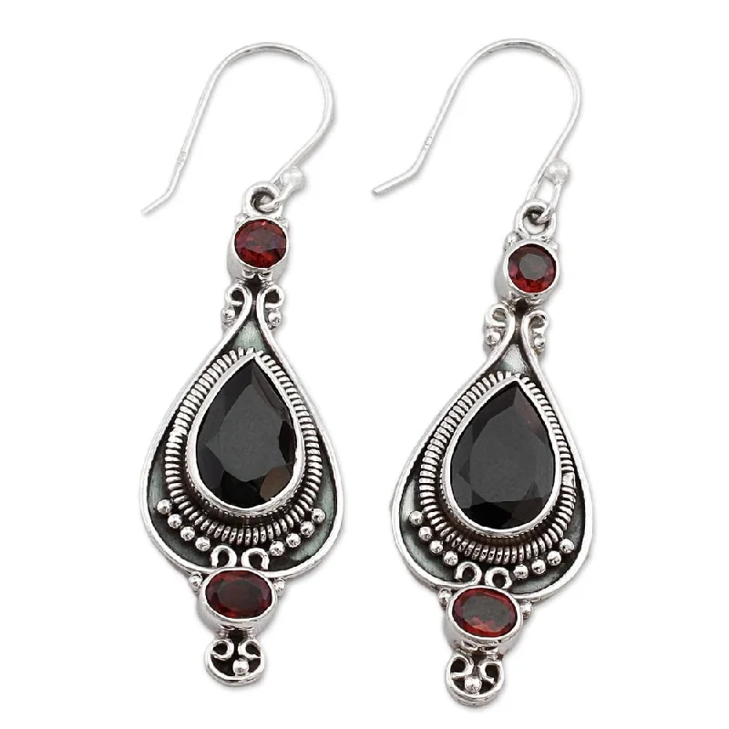 Domed cabochon earrings-Sterling Silver 'Sparkling Midnight' Onyx Garnet Earrings