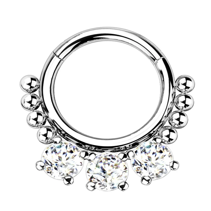 Shiny gem earrings-Triple CZ Bead Hinged Segment Ring