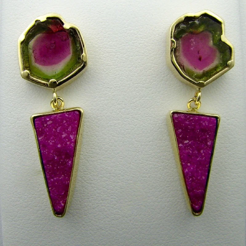 Engraved initial earrings-Watermelon Tourmaline & Cobalto Calcite earrings