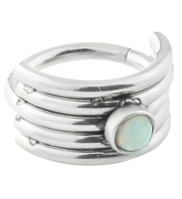 Glowing quartz earrings-White Opalite Stacked Stainless Steel Hinged Cuff Segment Ring