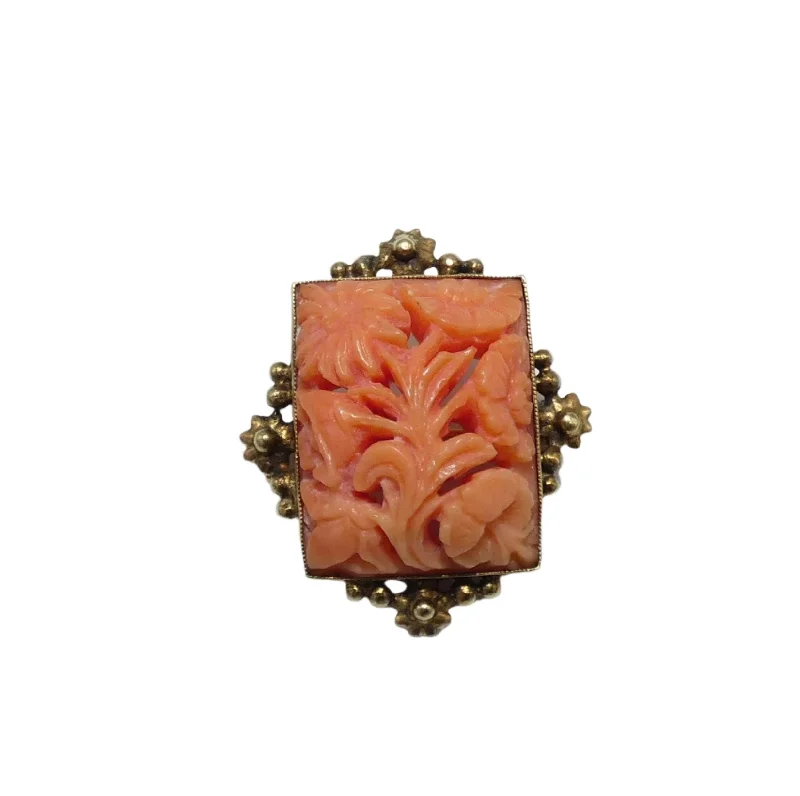 artisan brooch-14K Gold Carved Coral Brooch