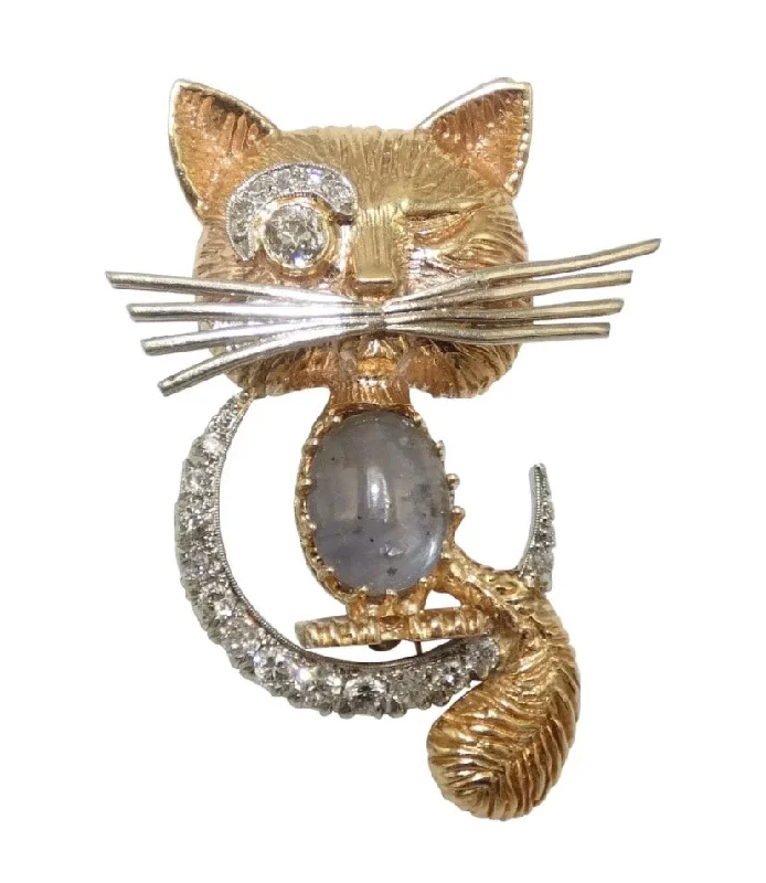 small brooch-14K Yellow & Gold Winking Cat Brooch with Diamonds and Sapphire