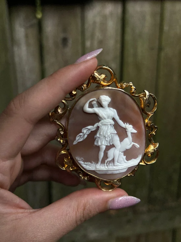 party brooch-Cameo Brooch of Diana and Acteon In 12ct Baroque Frame