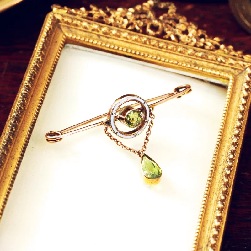 beaded brooch-Edwardian Peridot & Enamel Safety Pin Collar Brooch