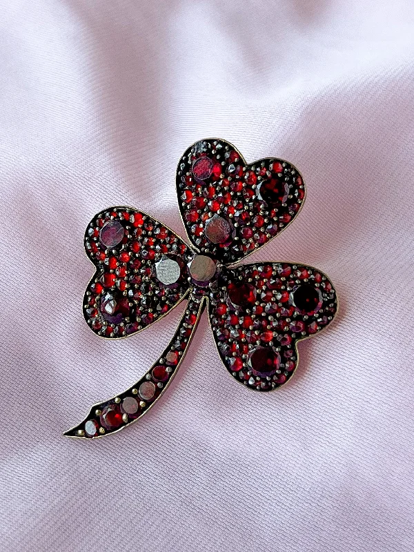 gothic brooch-Delightful Edwardian Clover Brooch with Bohemian Garnets