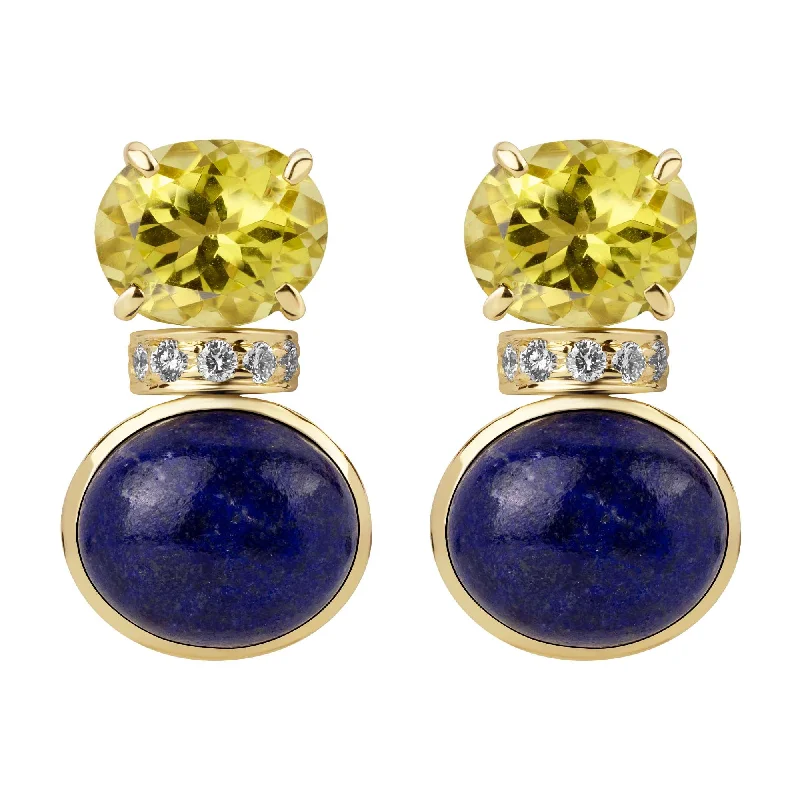 artisan brooch-Earrings - Lemon Quartz, Lapis Lazuli  And Diamond