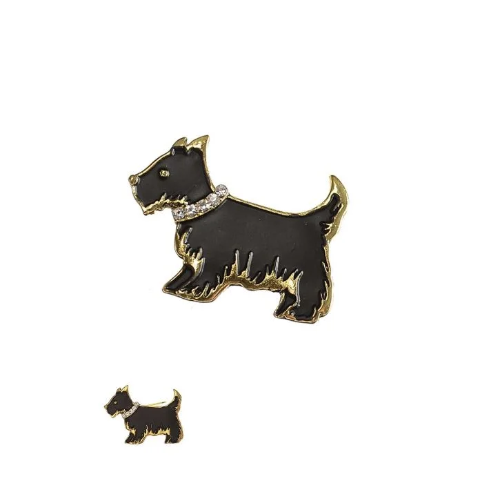 bohemian brooch-Hot Tomato A Dogs Life! Brooch in Antique Gold With Black Enamel & Clear Crystal Collar