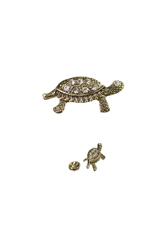 sapphire brooch-Hot Tomato Baby Turtle Brooch in Antique Gold and Clear Crystals