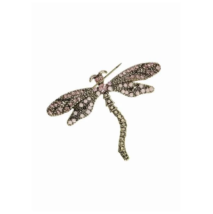 minimalist brooch-Hot Tomato Delicate Dragonfly - Old Gold With Rose Crystals