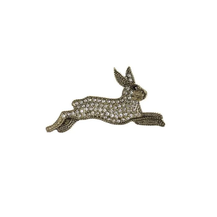 diamond brooch-Hot Tomato Leaping Hare Brooch in Antique Gold and Clear Crystals