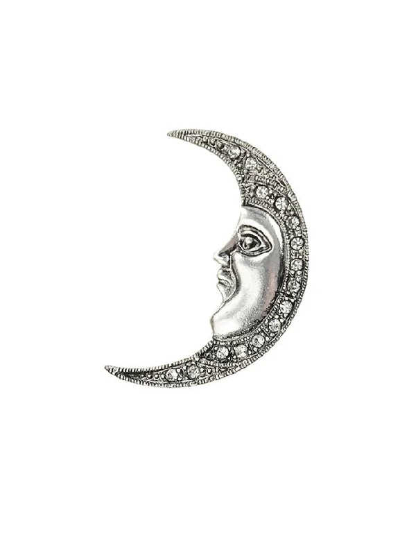 wooden brooch-Hot Tomato Man in The Moon Brooch in Antique Silver with Clear Crystals