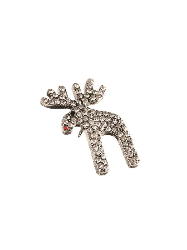 chic brooch-Hot Tomato Rudolph the Red Nosed Reindeer Brooch - Antique Silver / Clear Crystals