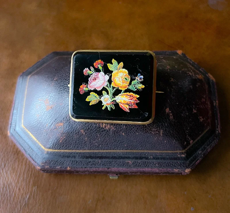 floral crystal brooch-Outrageous Micromosaic and Onyx Brooch Circa 1880